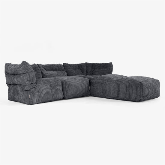 3-personers Modulsofa med Chaiselong og Armlæn - Klassisk Jernbanefløjl Sort 02