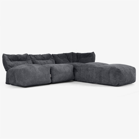 3-personers Modulsofa med Chaiselong, uden Armlæn - Klassisk Jernbanefløjl Sort 02