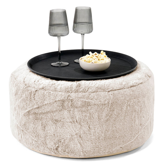 Ottoman Puf med Bakke - Imiteret Kaninpels Gyldenbrun - 01