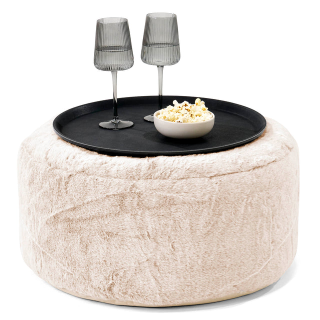 Ottoman Puf med Bakke - Imiteret Kaninpels Hvid - 01