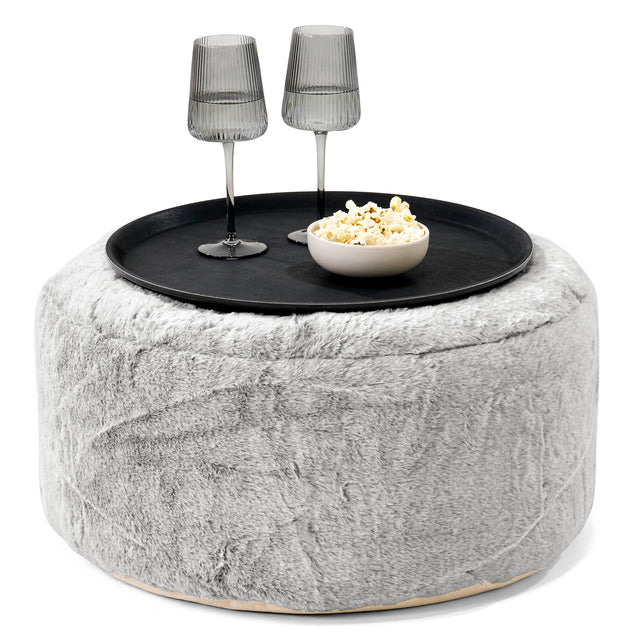 Ottoman Puf med Bakke - Imiteret Kaninpels Lysegrå - 01