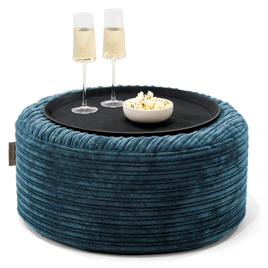 Ottoman Puf med Bakke - Klassisk Jernbanefløjl Navy - 01