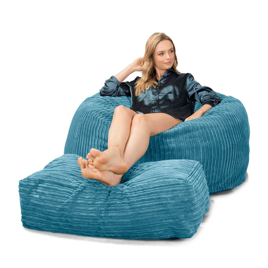 LOUNGE PUG, CloudSac 510 XL, Kæmpe Sækkestol med Memory Skum (NYT DESIGN), Klassisk Jernbanefløjl Turkis Blå