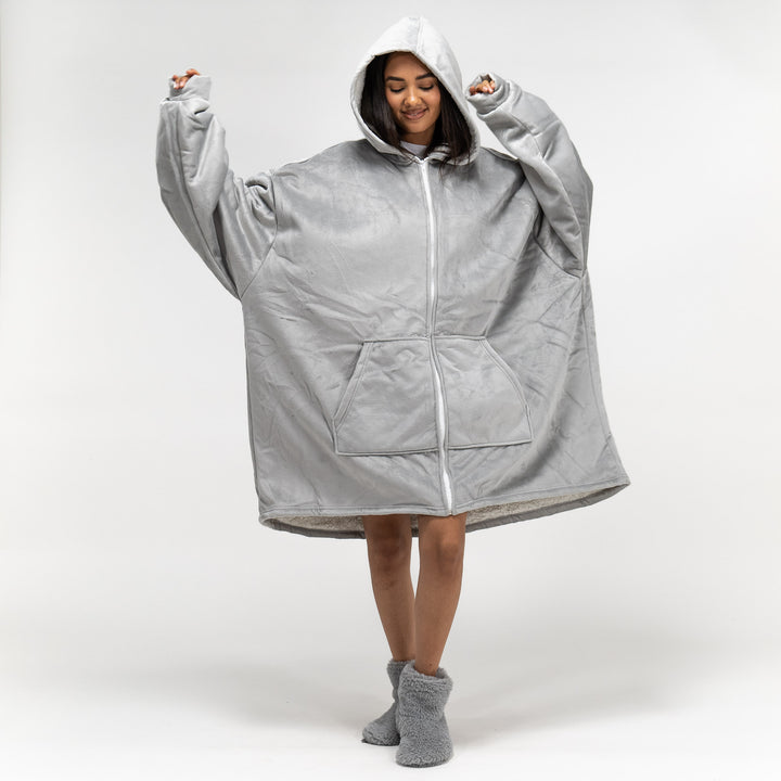 Oversized Hoodie-tæppe som Sweatshirt med Lynlås til Voksne - Minky Grå 02