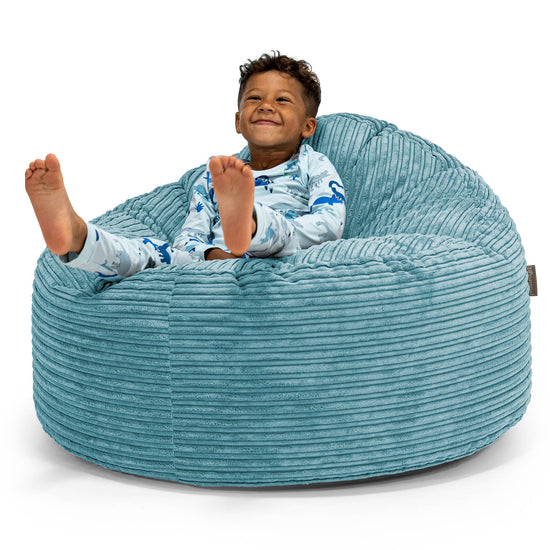 Snuggle Kæmpe Sækkestol til Børn 3-8 år - Klassisk Jernbanefløjl Turkis Blå 01