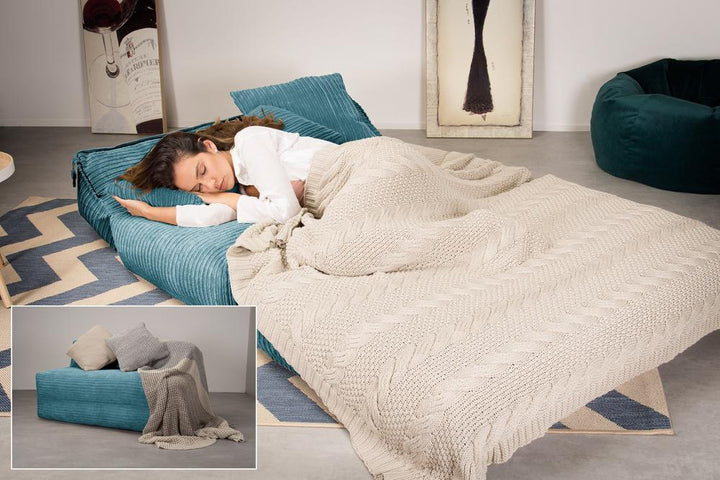 LOUNGE PUG, Avery, Futon Stol, Seng Seng Dobbelt, Klassisk Jernbanefløjl Turkis Blå