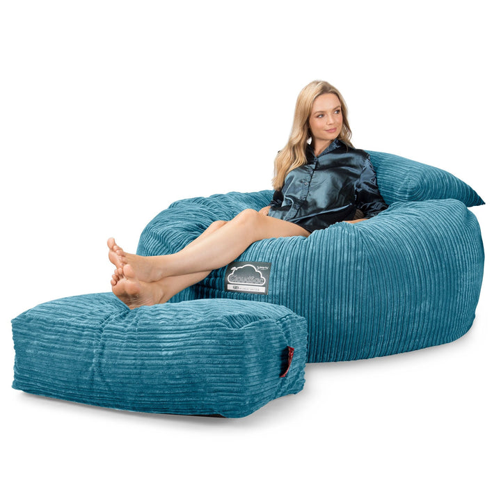 LOUNGE PUG, CloudSac 1010 XXL, Kæmpe Sækkestol Sofa XXL med Memory Skum (NYT DESIGN), Klassisk Jernbanefløjl Turkis Blå