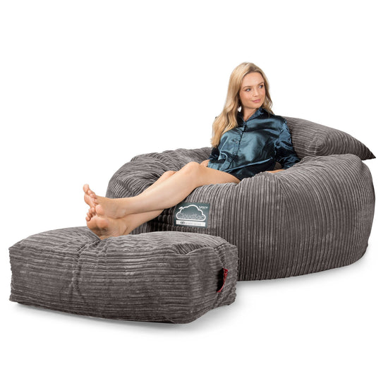 LOUNGE PUG, CloudSac 1010 XXL, Kæmpe Sækkestol Sofa XXL med Memory Skum (NYT DESIGN), Klassisk Jernbanefløjl Grafit Grå