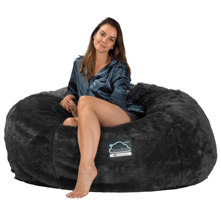 LOUNGE PUG, CloudSac 1010 XXL, Kæmpe Sækkestol Sofa XXL med Memory Skum (NYT DESIGN), Falsk Pels Sort