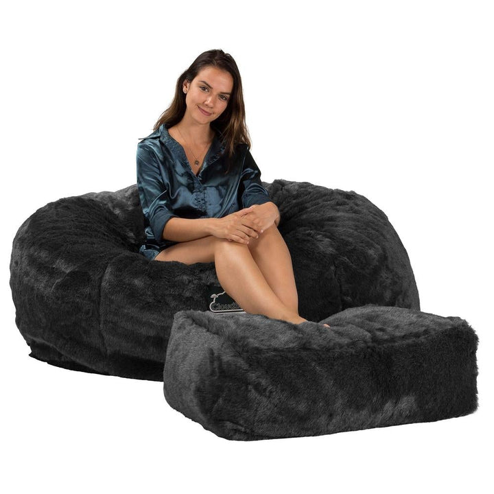 LOUNGE PUG, CloudSac 1010 XXL, Kæmpe Sækkestol Sofa XXL med Memory Skum (NYT DESIGN), Falsk Pels Sort