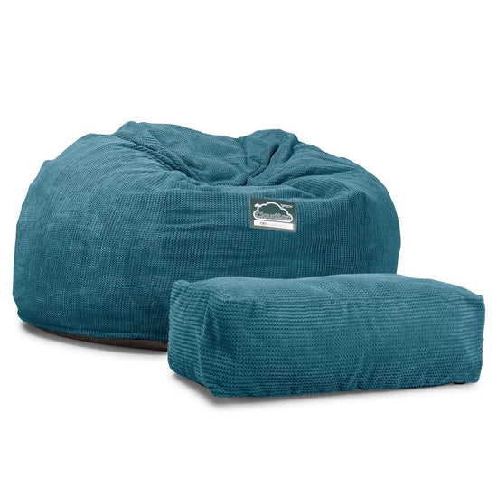 LOUNGE PUG, CloudSac 1010 XXL, Kæmpe Sækkestol Sofa XXL med Memory Skum (NYT DESIGN), Pom Pom Turkis Blå