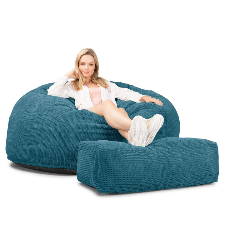 LOUNGE PUG, CloudSac 1010 XXL, Kæmpe Sækkestol Sofa XXL med Memory Skum (NYT DESIGN), Pom Pom Turkis Blå