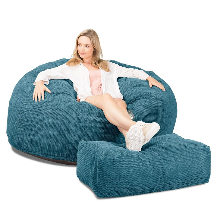 LOUNGE PUG, CloudSac 1010 XXL, Kæmpe Sækkestol Sofa XXL med Memory Skum (NYT DESIGN), Pom Pom Turkis Blå