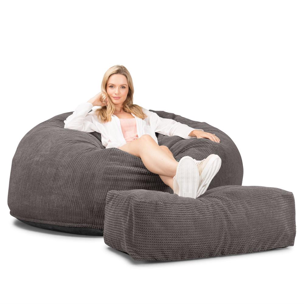 LOUNGE PUG, CloudSac 1010 XXL, Kæmpe Sækkestol Sofa XXL med Memory Skum (NYT DESIGN), Pom Pom Kul Grå