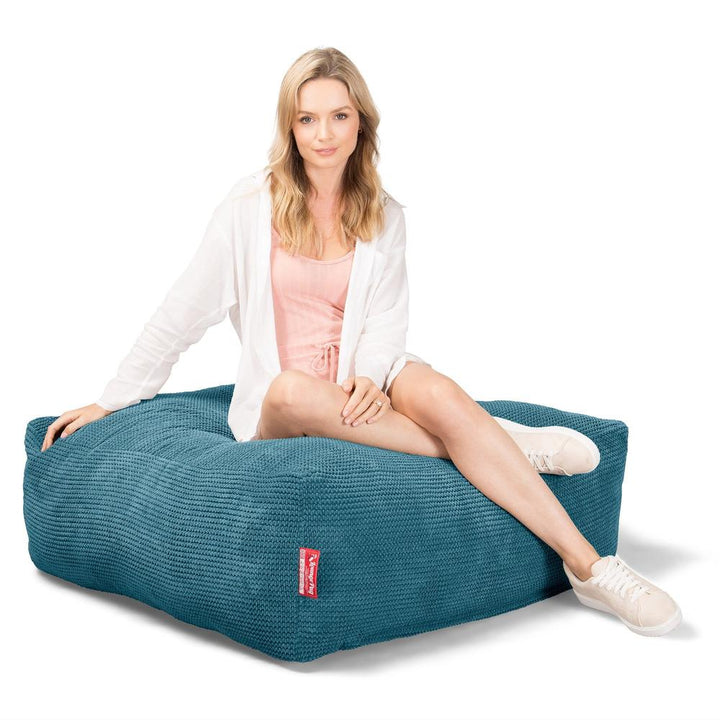 LOUNGE PUG, CloudSac 250, Fodskammel Puf med Memory Skum, Pom Pom Turkis Blå