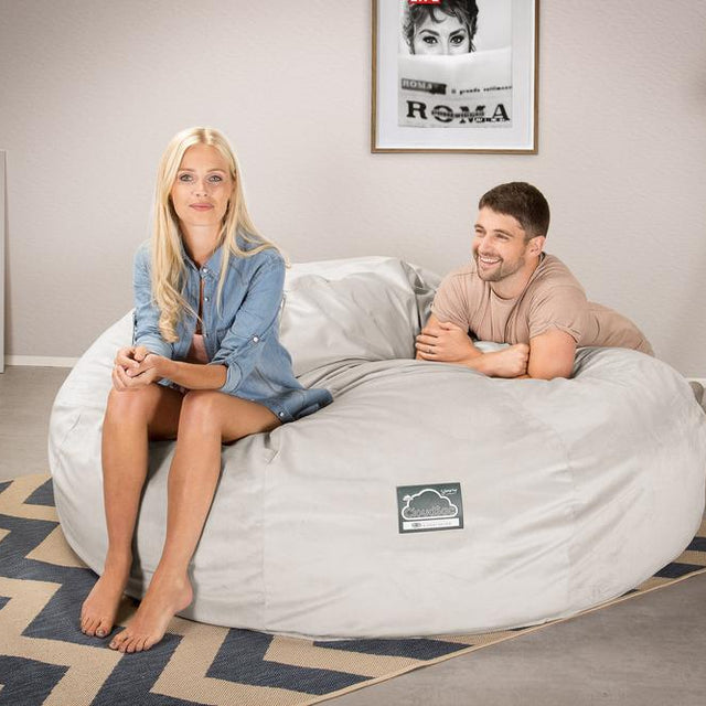 LOUNGE PUG, CloudSac 3000 XXL, Stor Dobbelt Sækkestol Sofa med Memory Skum, Fløjl Sølv