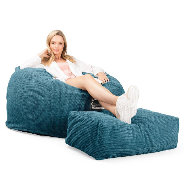 LOUNGE PUG, CloudSac 510 XL, Kæmpe Sækkestol med Memory Skum (NYT DESIGN), Pom Pom Turkis Blå