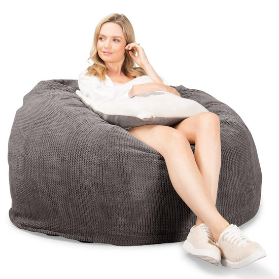 LOUNGE PUG, CloudSac 510 XL, Kæmpe Sækkestol med Memory Skum (NYT DESIGN), Pom Pom Kul Grå