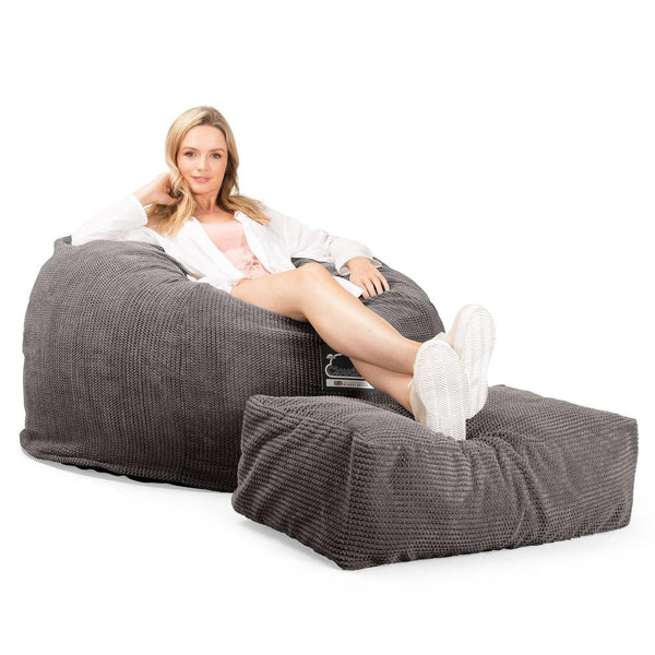 LOUNGE PUG, CloudSac 510 XL, Kæmpe Sækkestol med Memory Skum (NYT DESIGN), Pom Pom Kul Grå
