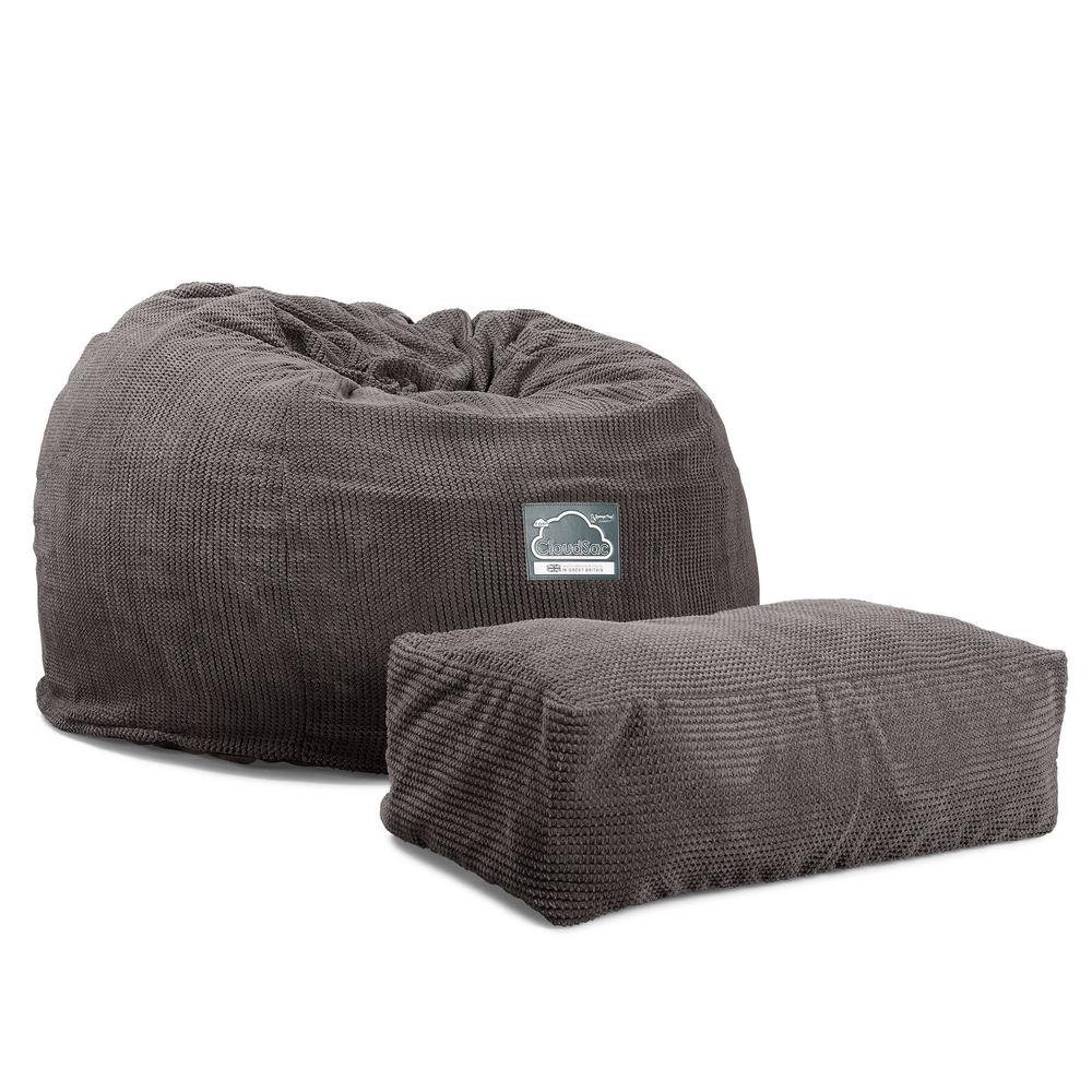 LOUNGE PUG, CloudSac 510 XL, Kæmpe Sækkestol med Memory Skum (NYT DESIGN), Pom Pom Kul Grå