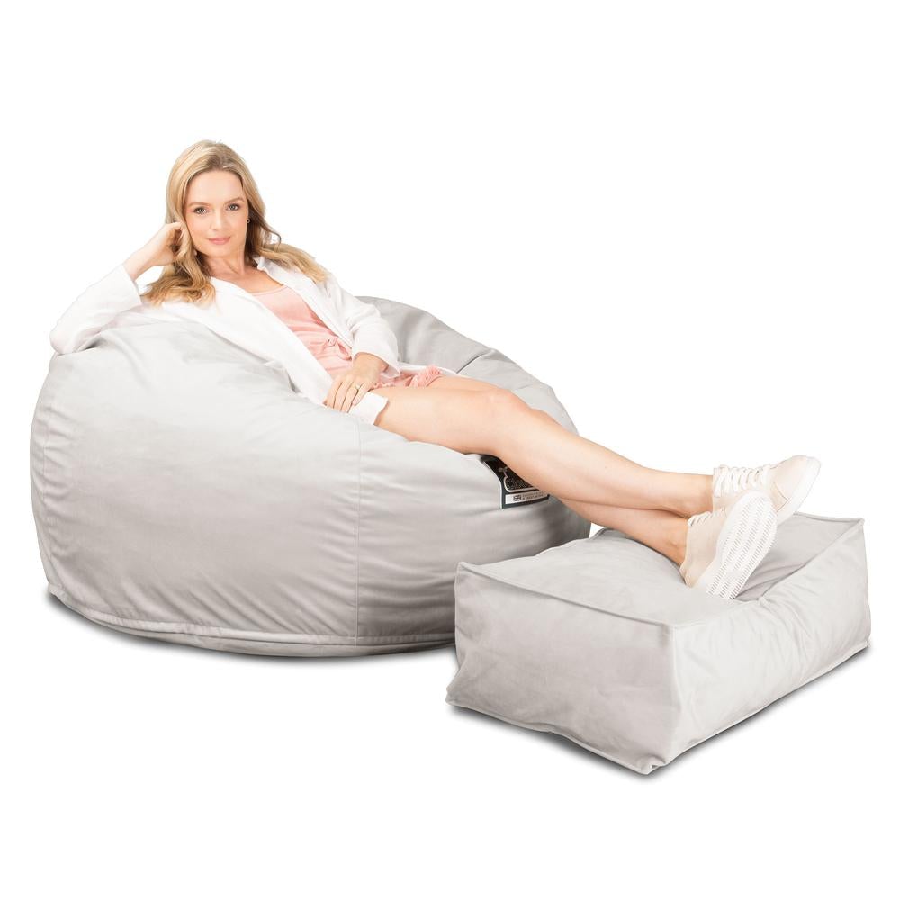 LOUNGE PUG, CloudSac 510 XL, Kæmpe Sækkestol med Memory Skum (NYT DESIGN), Fløjl Sølv