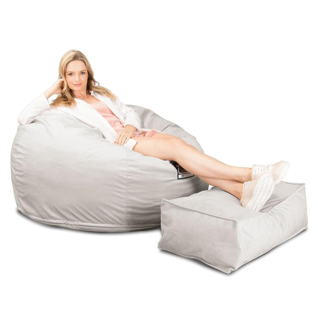 LOUNGE PUG, CloudSac 510 XL, Kæmpe Sækkestol med Memory Skum (NYT DESIGN), Fløjl Sølv