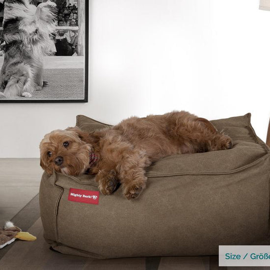 Mighty Bark, Hundepude, Puf, Hundeseng med Memory Skum, Stonewashed denim Kaki