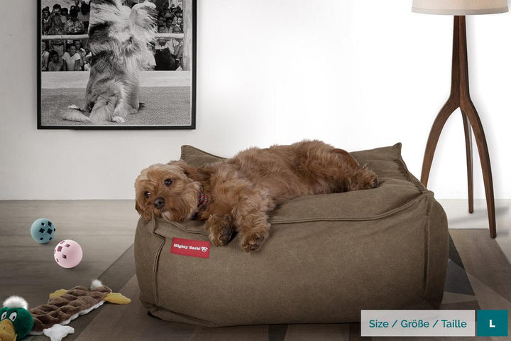 Mighty Bark, Hundepude, Puf, Hundeseng med Memory Skum, Stonewashed denim Kaki