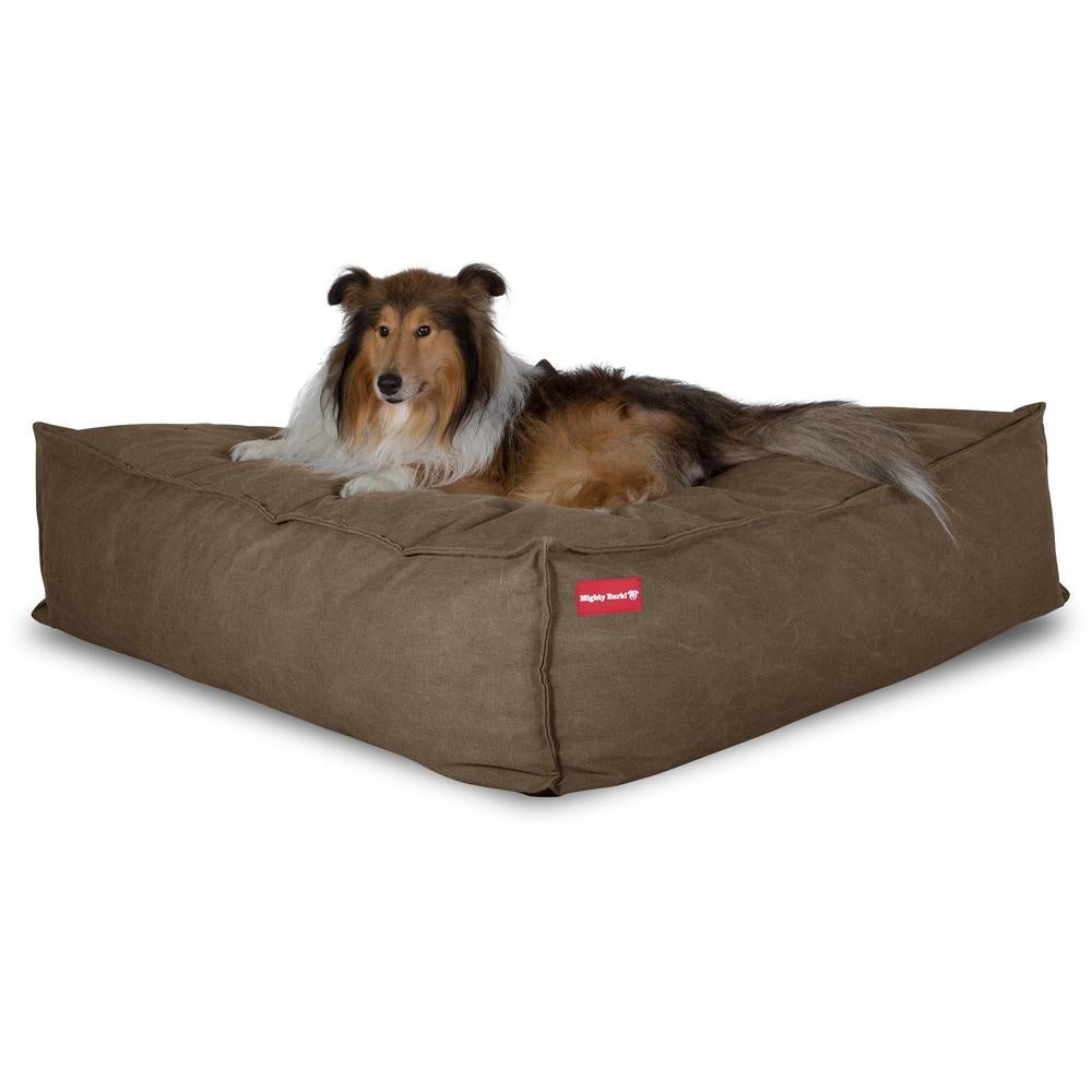 Mighty Bark, Hundepude, Puf, Hundeseng med Memory Skum, Stonewashed denim Kaki