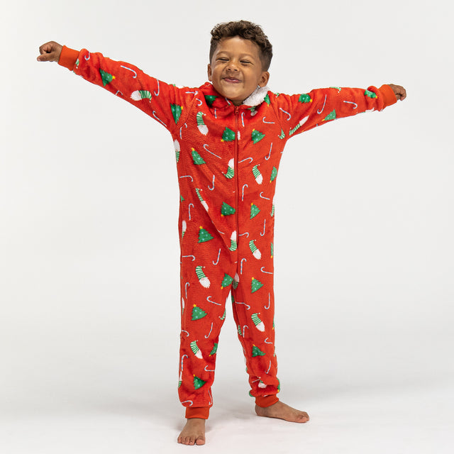 Fleece Onesie Pyjamas til Børn - Rød Juleprint 01