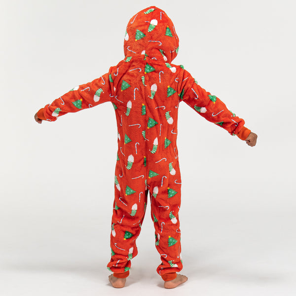 Fleece Onesie Pyjamas til Børn - Rød Juleprint Fabric Close-up Image