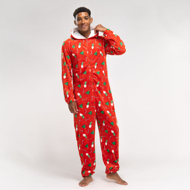 Fleece Onesie Pyjamas til Herrer - Rød Juleprint 01
