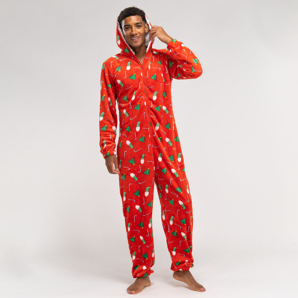Giv rettigheder Regelmæssigt Stor mængde Fleece Onesie Pyjamas til Herrer / Mænd Rød Juleprint, størrelse: S-XL,  Rød– Big Bertha Original DK