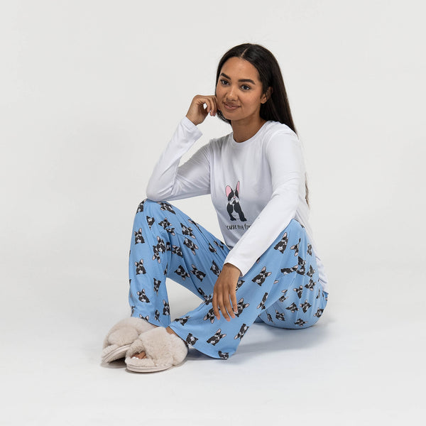 Jersey Pyjamas til Damer - Frenchie Slogan Fabric Close-up Image
