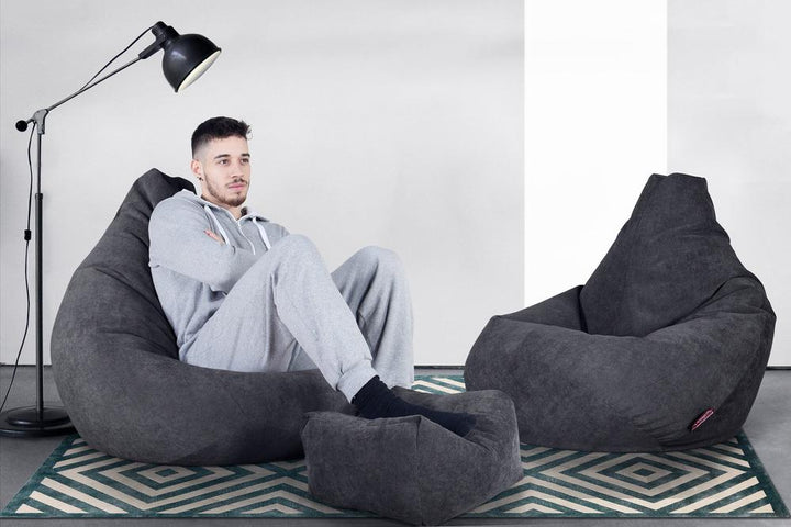 LOUNGE PUG®, Gamer Sækkestol, Sækkestol med Ryglæn - Flock Grafit Grå