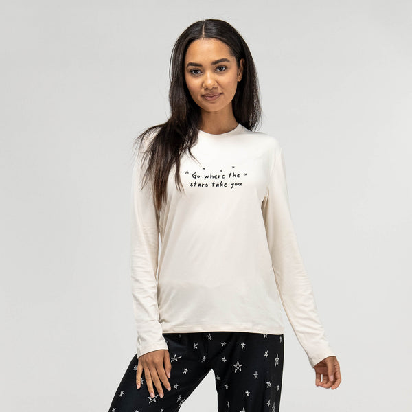 Jersey Pyjamas til Damer - Stjerner Slogan Fabric Close-up Image