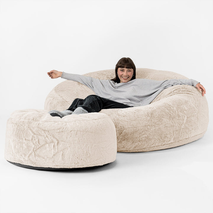 Kæmpe Sækkestol Sofa XXL 'Mega Mammut' - Imiteret Kaninpels Hvid 02