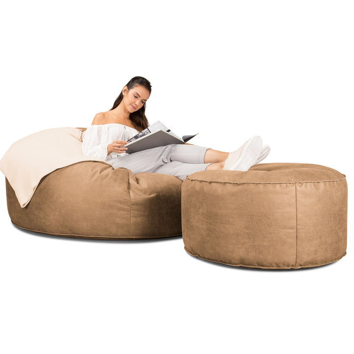 Kæmpe Sækkestol Sofa XXL 'Mega Mammut' - Nødstedte Læder Lysebrun 02