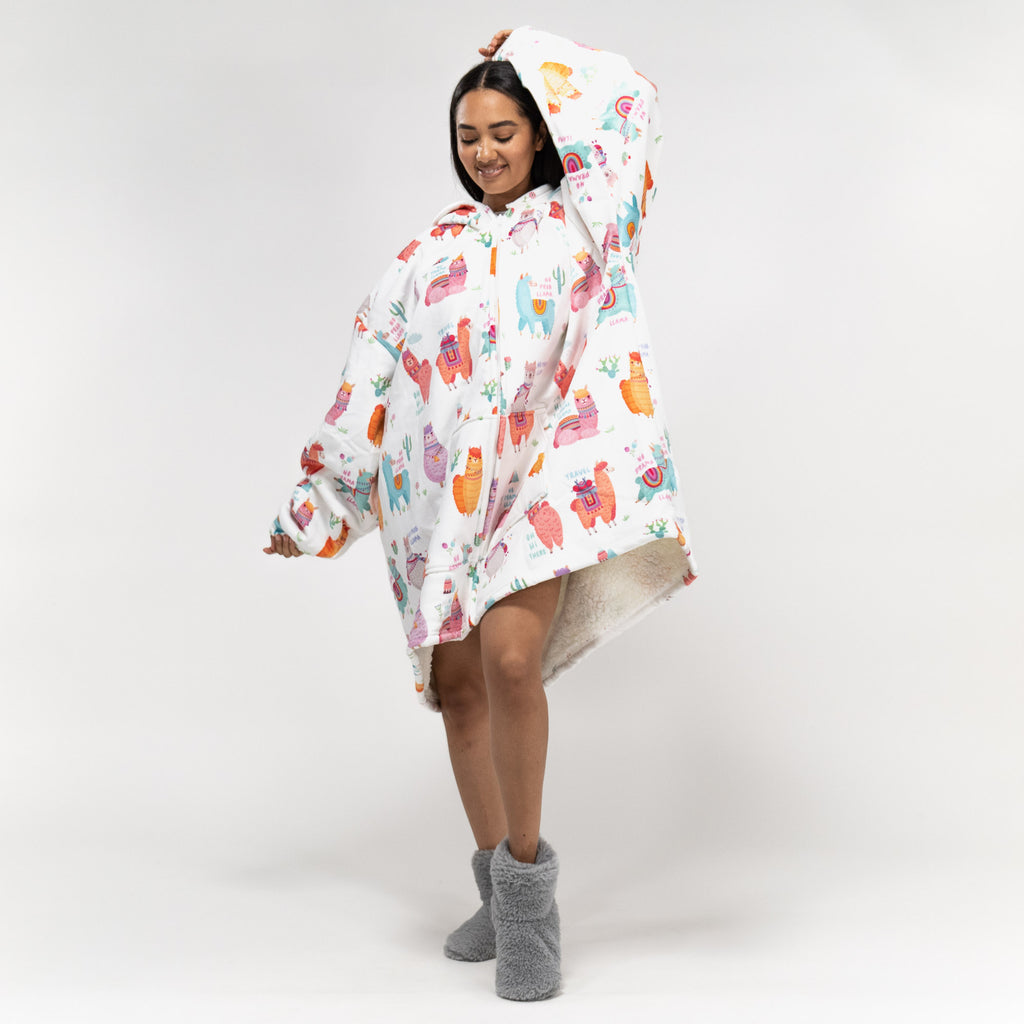 Oversized Hoodie-tæppe som Sweatshirt med Lynlås til Voksne - Minky Llama 01