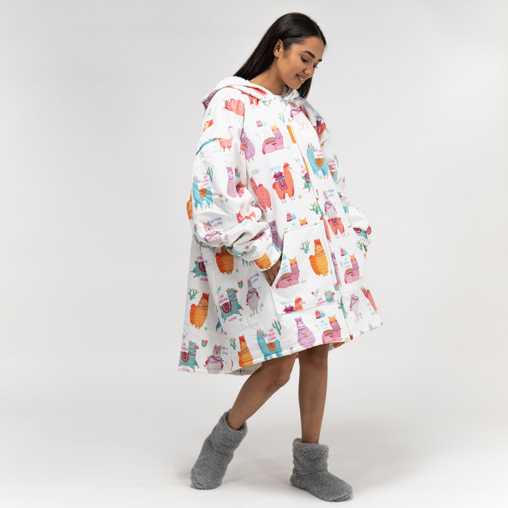 Oversized Hoodie-tæppe som Sweatshirt med Lynlås til Voksne - Minky Llama 02