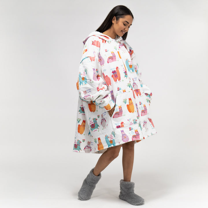 Oversized Hoodie-tæppe som Sweatshirt med Lynlås til Voksne - Minky Llama 02