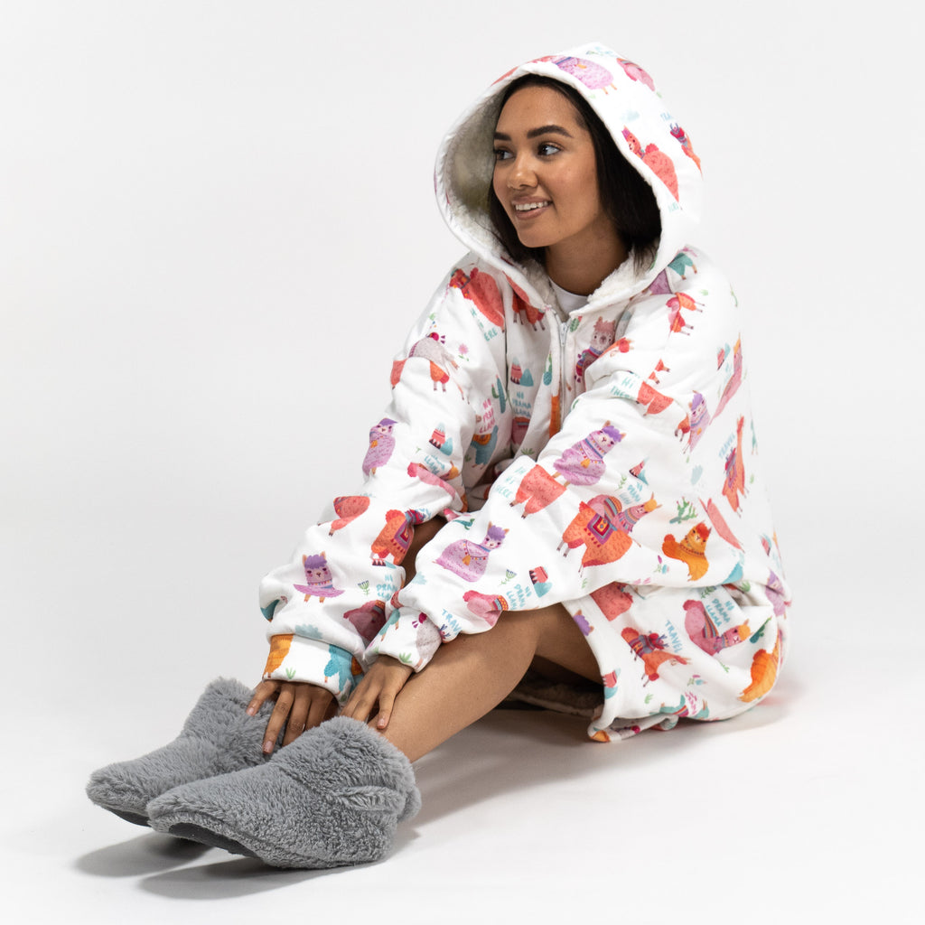 Oversized Hoodie-tæppe som Sweatshirt med Lynlås til Voksne - Minky Llama 04