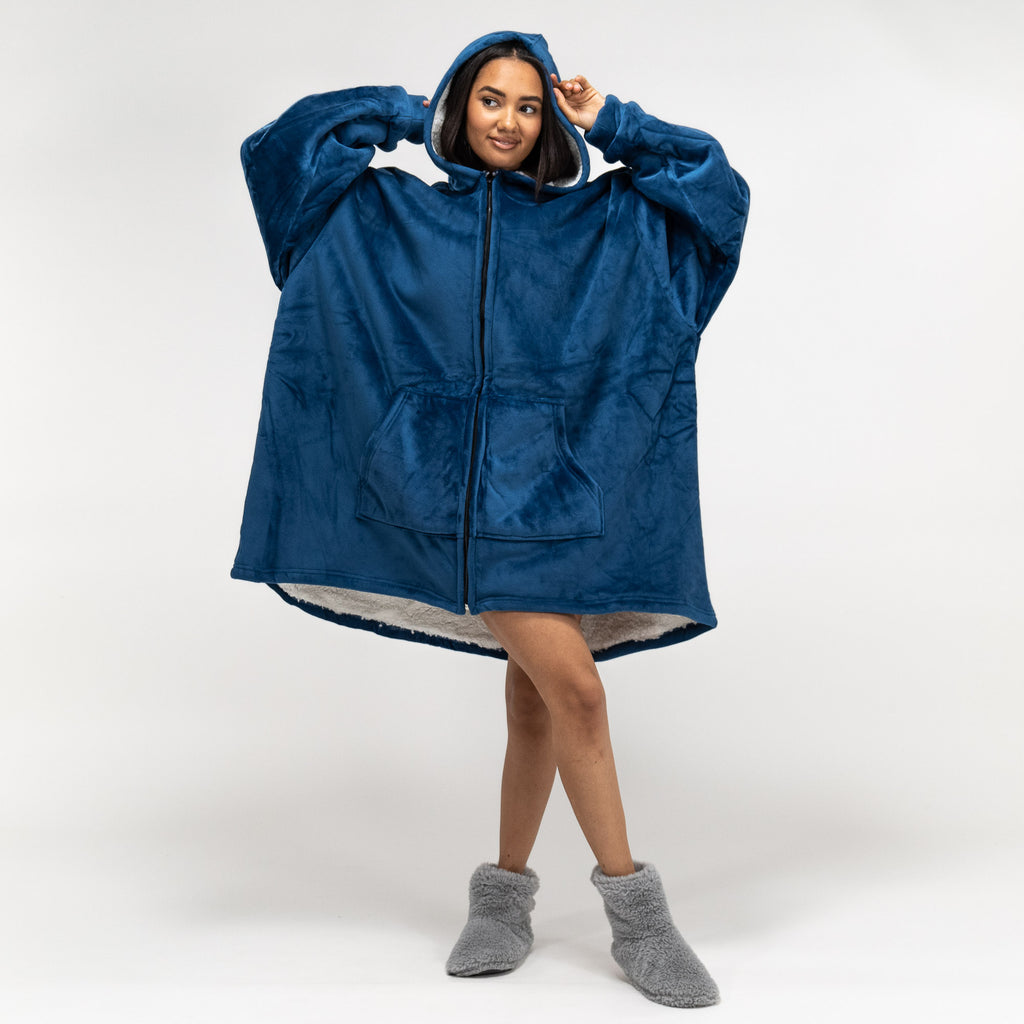 Oversized Hoodie-tæppe som Sweatshirt med Lynlås til Voksne - Minky Mørkeblå 01