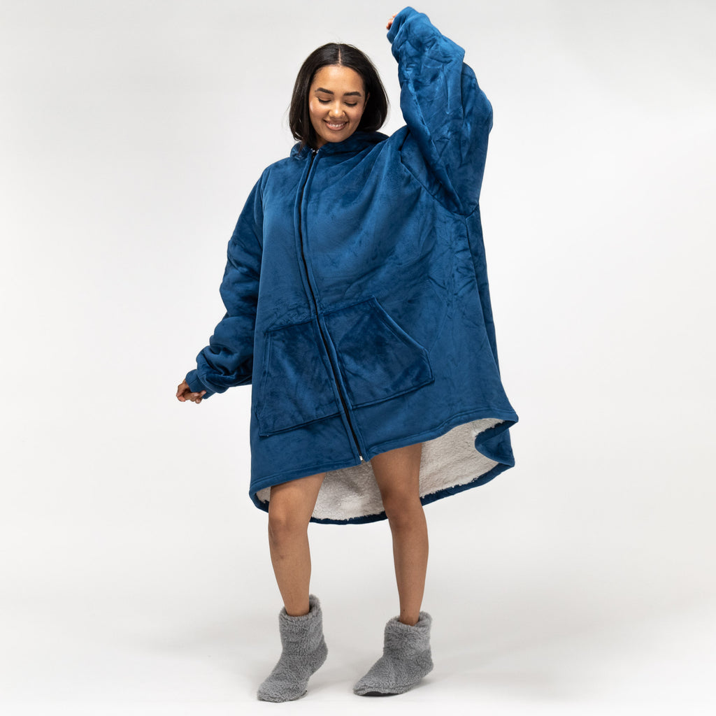 Oversized Hoodie-tæppe som Sweatshirt med Lynlås til Voksne - Minky Mørkeblå 02