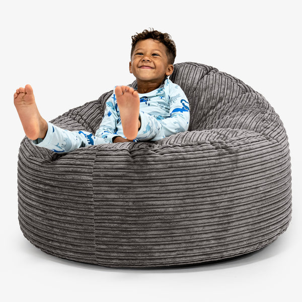 Snuggle Kæmpe Sækkestol til Børn 3-8 år - Klassisk Jernbanefløjl Grafit Grå 01