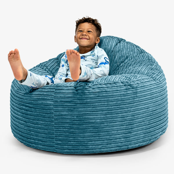 Snuggle Kæmpe Sækkestol til Børn 3-8 år - Klassisk Jernbanefløjl Turkis Blå 01
