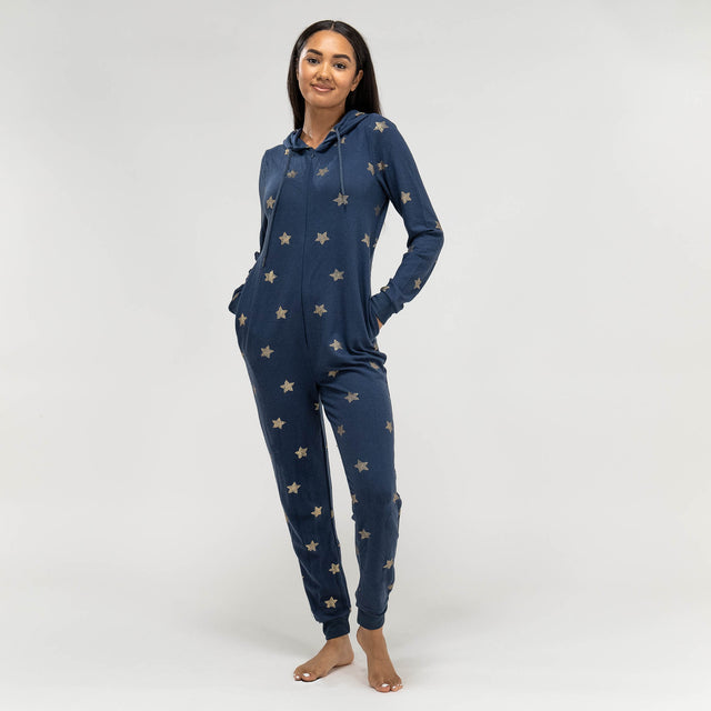 Onesie Pyjamas i Jersey til Damer - Stjerner Navy 01